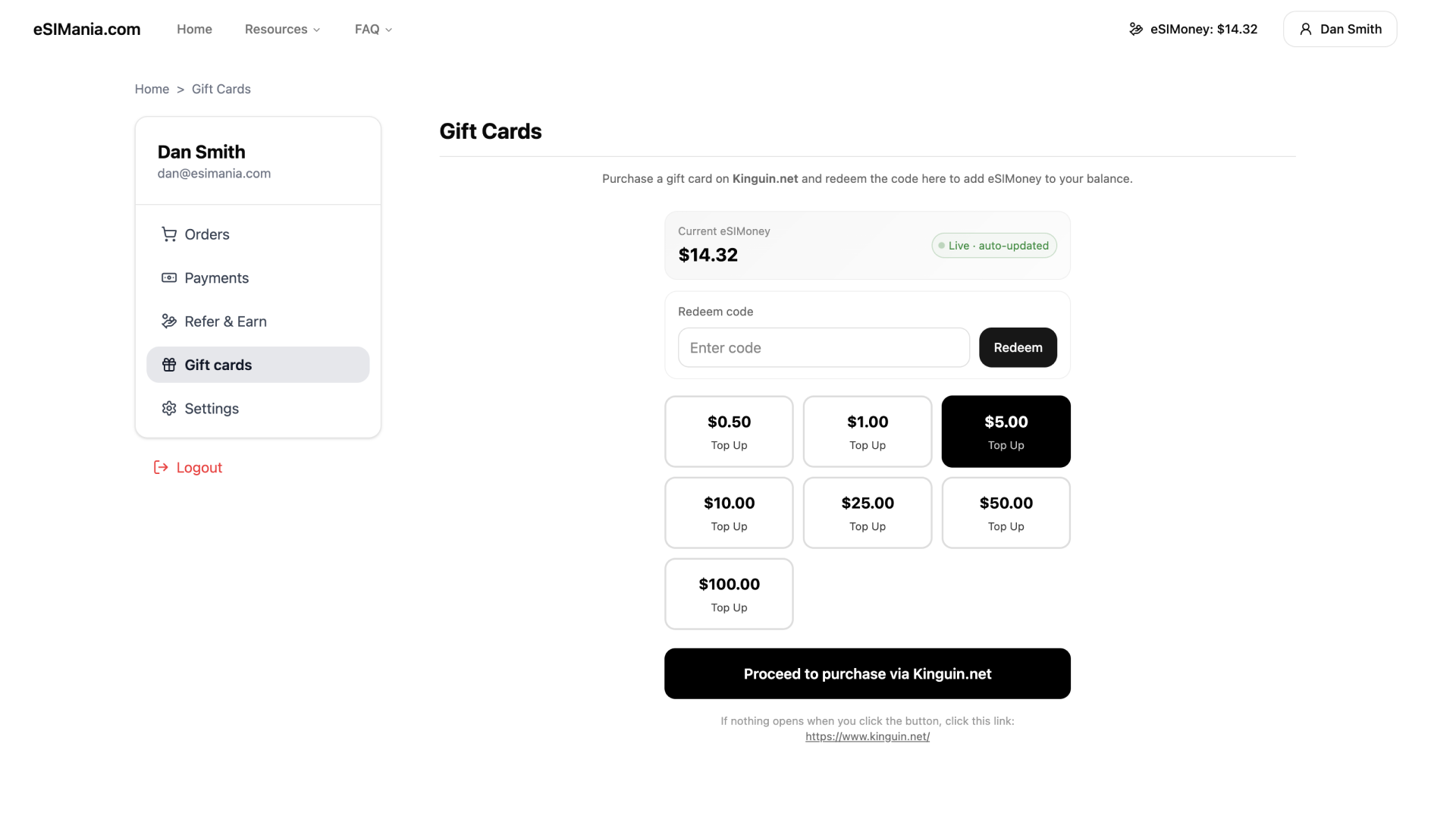 eSIMoney USD 5 eSIMania.com Gift Card screenshot 1
